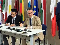 L'ambasciatore italiano ad Hanoi Giorgio Aliberti durante il briefing con la stampa seguito alla ratifica da parte dei deputati all'Assemblea nazionale, dell'European Union Vietnam Free Trade Agreement, Evfta, l'accordo di libero scambio Ue-Vietnam