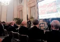 Il ministro delle Politiche agricole, alimentari e forestali Teresa Bellanova, a Berlino nell'ambito di Fruit Logistica, parla all'ambasciata italiana a Berlino in un evento Confagricoltura