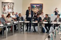 Il ministro dell’Agricoltura dell’Uzbekistan Aziz Voitov incontra a Cesena Fiera il presidente di Macfrut Renzo Piraccini e una ventina di operatori del settore ortofrutticolo (Cesena, 25 luglio 2023)