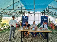 Presentazione Passata della Maremma Cirio. Da sx, Giovanni Bucchi, Resp. Comunicazione; Alice Angelini, Resp. agricola, Dario Santi, Direttore stabilimento Albinia, Federico Cappi, Direttore Mktg Retail Conserve Italia