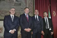 Presentazione primo rapporto Federalimentare-Censis sull'industria alimentare. Da sinistra: Francesco Mascarino, presidente di Federalimentare; Francesco Lollobrigida, ministro dell'Agricoltura, della Sovranità Alimentare e delle Foreste; Luigi D'Eramo, sottosegretario all'Agricoltura, alla Sovranità Alimentare e alle Foreste; Massimiliano Valerii, direttore generale del Censis