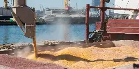 Una nave in porto viene riempita con un carico di grano