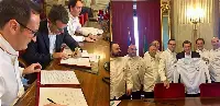 A sinistra, la firma del protocollo Mipaaft-Federcuochi il 13 novembre 2018; a destra, foto di gruppo di alcuni membri di federcuochi col ministro Centinaio