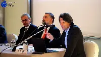 Il ceo di Fiere di Parma Antonio Cellie (primo da destra), nel suo intervento alla conferenza stampa di presentazione di Cibus Connecting Italy 2023 (Roma, 2 marzo 2023)