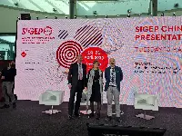 Presentazione Sigep China: da sx Gerald Böse, Presidente e Ceo Koelnmesse; Flavia Marelli, Group Exhibition Manager IEG; Corrado Peraboni, Ceo IEG