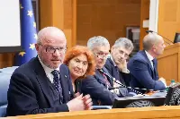 Paolo Bastianello di Confindustria, il Cavaliere del Lavoro Giannola Bulfoni Nonino, il vicepresidente di Federvini Piero Mastroberardino, il presidente di Filiera Italia Luigi Scordamaglia al convegno di presentazione della campagna nazionale "Io sto con il made in italy" del 5 marzo 2019