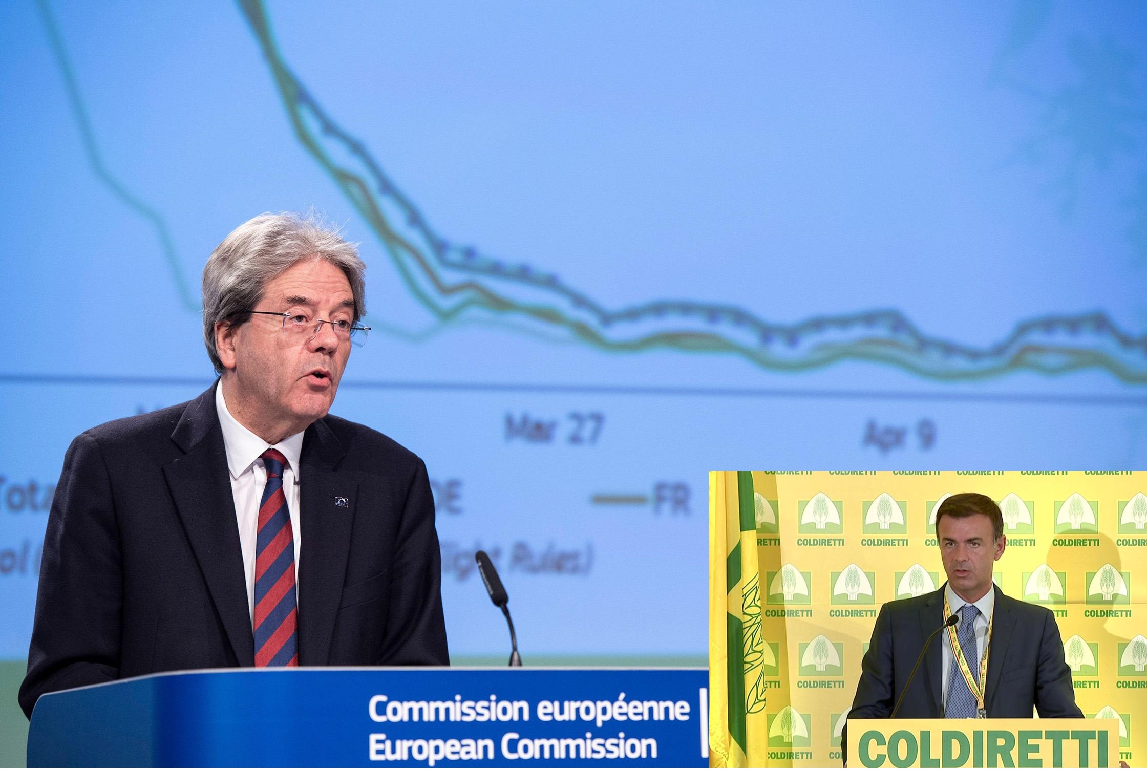 In grande, il Commissario Ue all’economia Paolo Gentiloni; a destra in piccolo, il presidente Coldiretti Ettore Prandini
