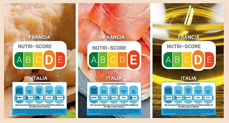 Etichette a confronto: in alto la Nutriscore proposta dalla Francia, che penalizza i prodotti italiani; in basso quella a Batteria, proposta dall'Italia