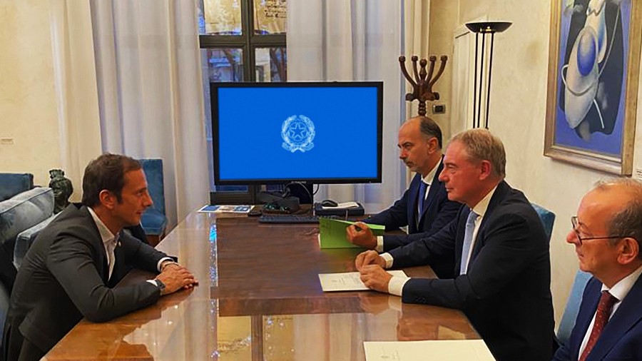 Il neo-titolare del Mise, ministro Adolfo Urso incontra il presidente della Regione Friuli Venezia Giulia Massimiliano Fedriga