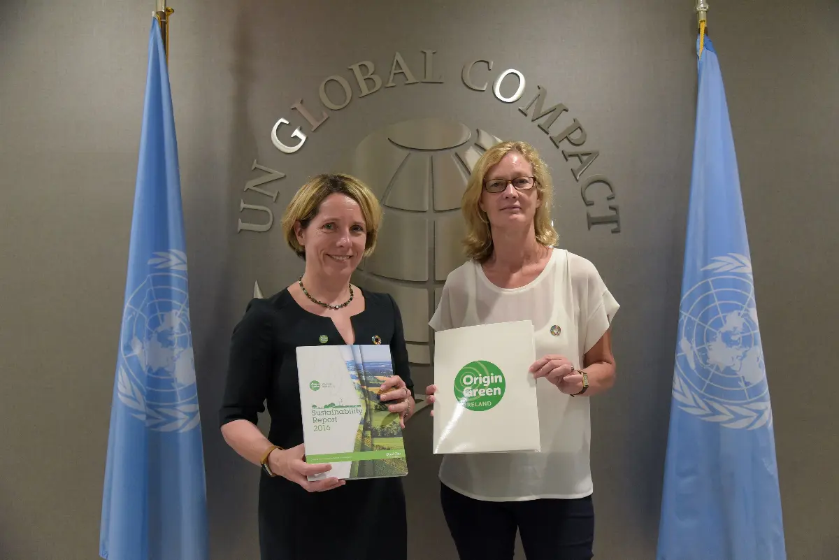 Tara McCarthy, CEO di Bord Bia - Irish Food Board e Sue Allchurch, Chief of Participant Relations, Fund Raising and Communications di United Nations Global Compact, a New York in occasione dell’annuncio dell'adesione di Bord Bia allo United Nations Global Compact