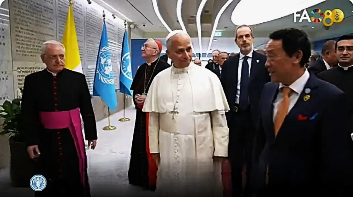 Papa Leone XIV, e il direttore generale della Fao, QU Dongyu, all'inaugurazione del Museo e Rete dell'Alimentazione e dell'Agricoltura (Fao MuNe) a Roma
