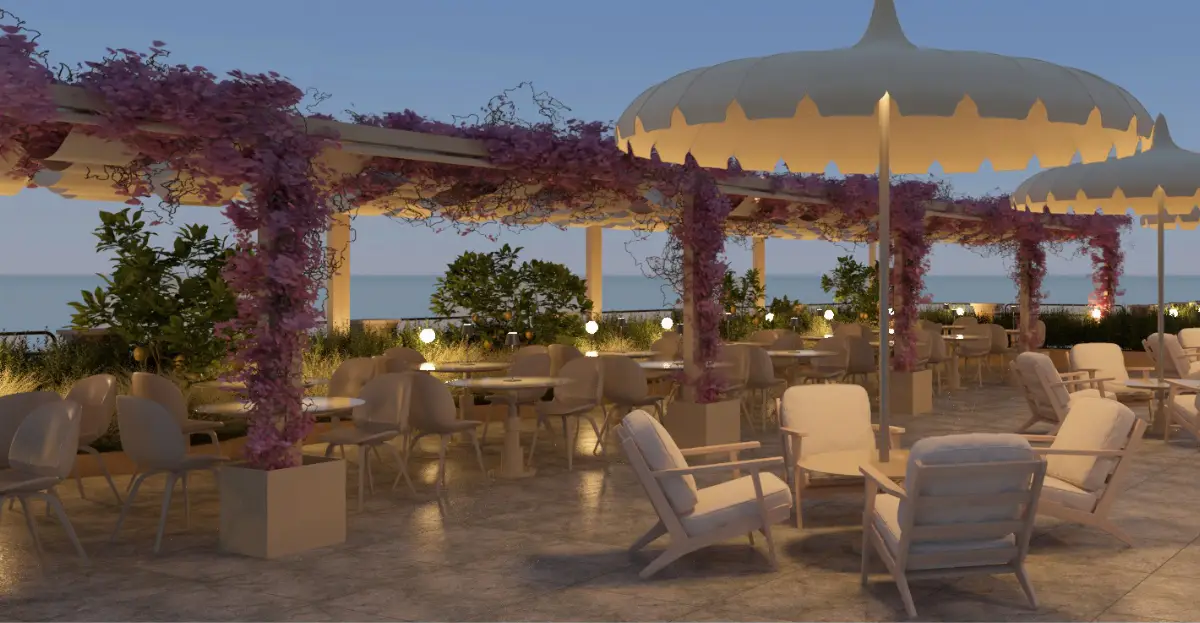 Casinò Gardone Riviera a Famiglia Massari: rendering vista esterna terrazza secondo piano