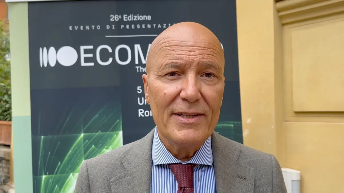 L'amministratore delegato di Italian Exhibition Group, Corrado Peraboni, alla presentazione di Ecomondo 2023 (Roma, 5 ottobre 2023)