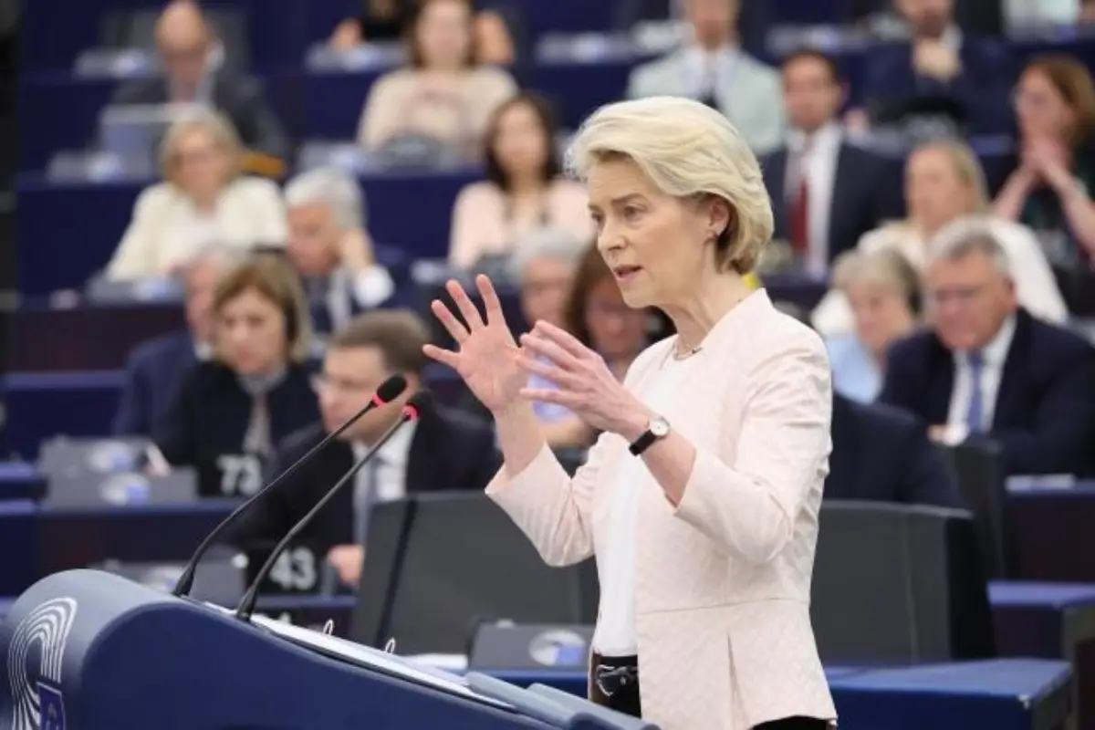 Ursula von der Leyen durante il suo discorso prima della sua rielezione a presidente della Commissione Europea (Strasburgo, 18 luglio 2024)