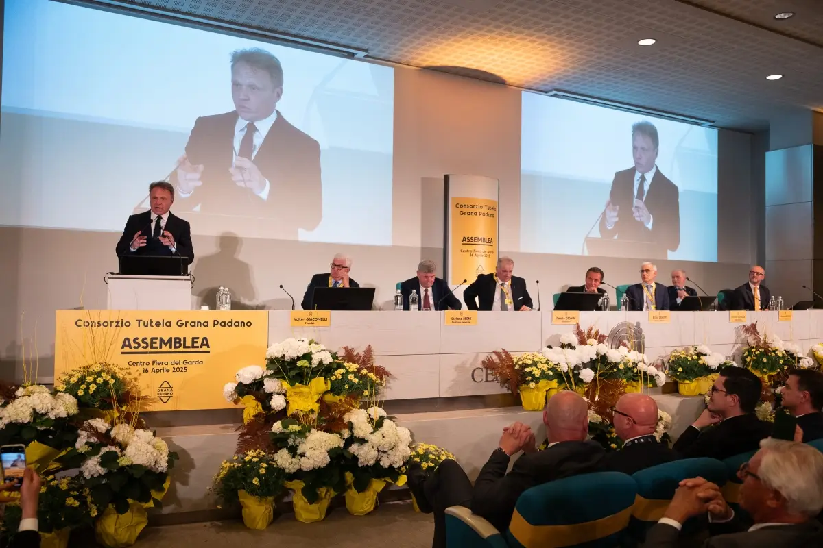 Il ministro dell'Agricoltura, Francesco Lollobrigida, interviene all'Assemblea Generale del Consorzio di tutela del formaggio Grana Padano (Montichiari, 16 aprile 2025)