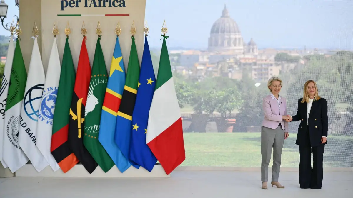Villa Doria Pamphilj a Roma: Ursula von der Leyen, presidente Commissione Ue, incontra Giorgia Meloni, presidente del Consiglio Italia, per il Piano Mattei