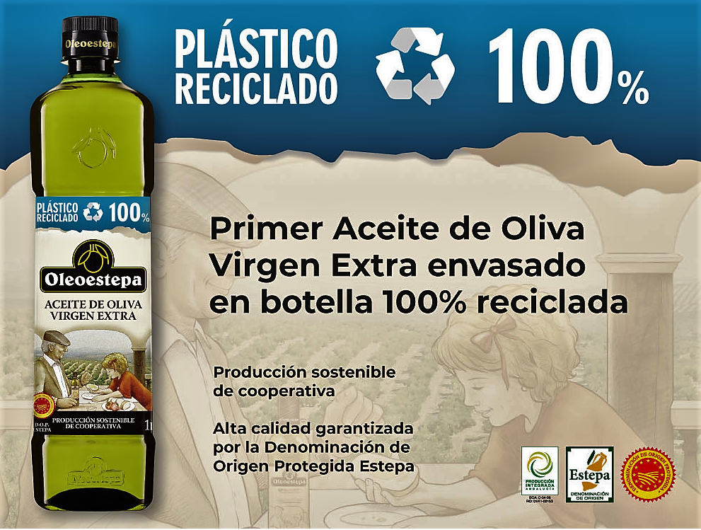 Olio extravergine d'oliva della spagnola Oleostepa imbottigliato in plastica 100% riciclata