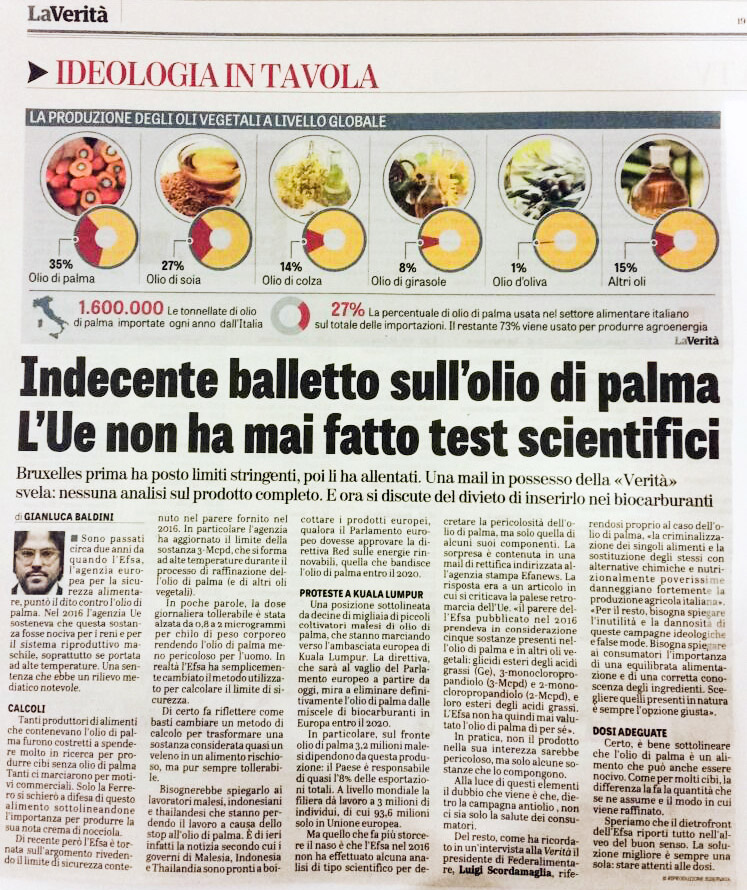 Articolo "Indecente balletto sull'olio di palma; L'Ue non ha mai fatto test scientifici" tratto dal giornale LaVerità