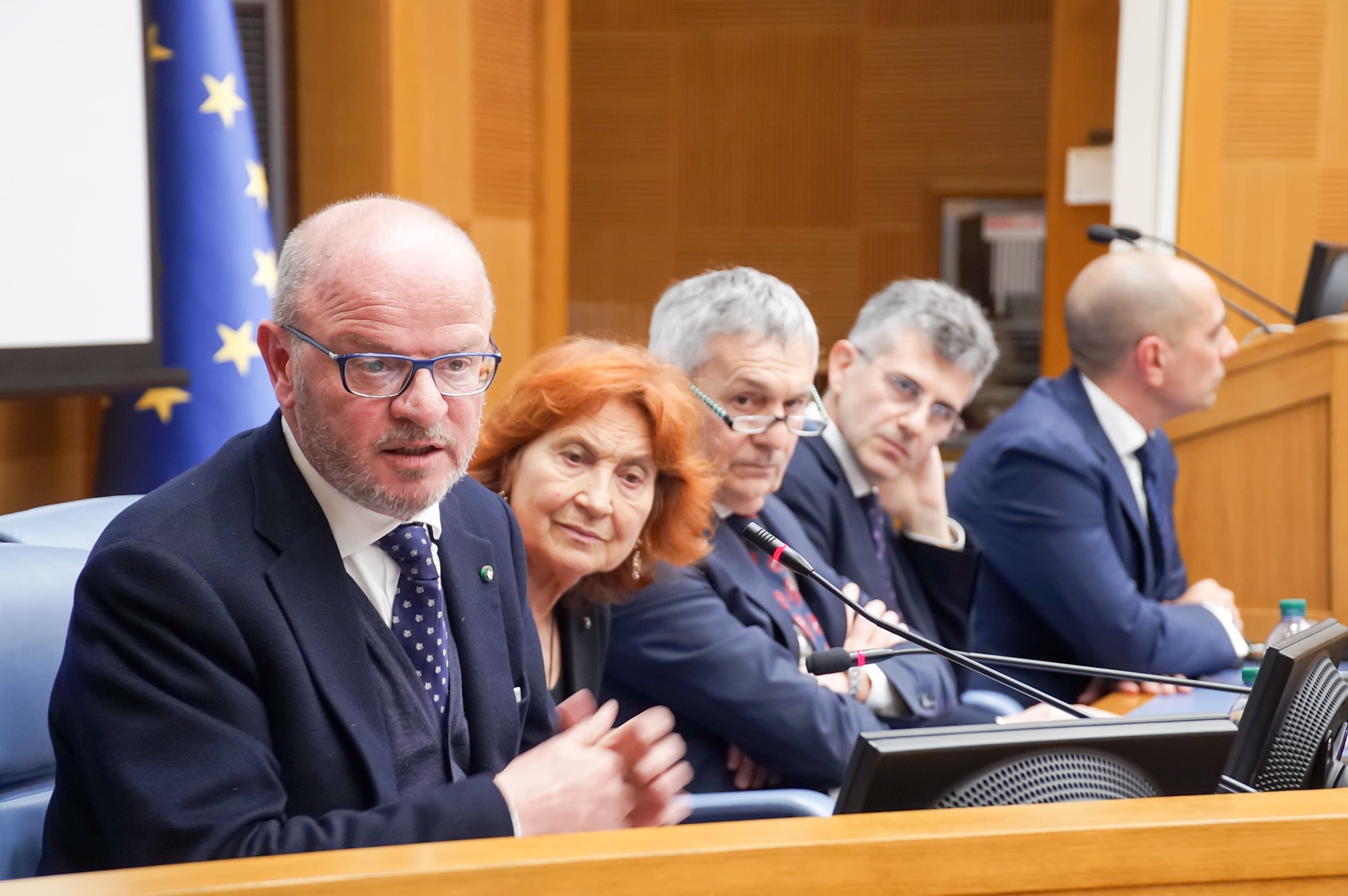 Paolo Bastianello di Confindustria, il Cavaliere del Lavoro Giannola Bulfoni Nonino, il vicepresidente di Federvini Piero Mastroberardino, il presidente di Filiera Italia Luigi Scordamaglia al convegno di presentazione della campagna nazionale "Io sto con il made in italy" del 5 marzo 2019