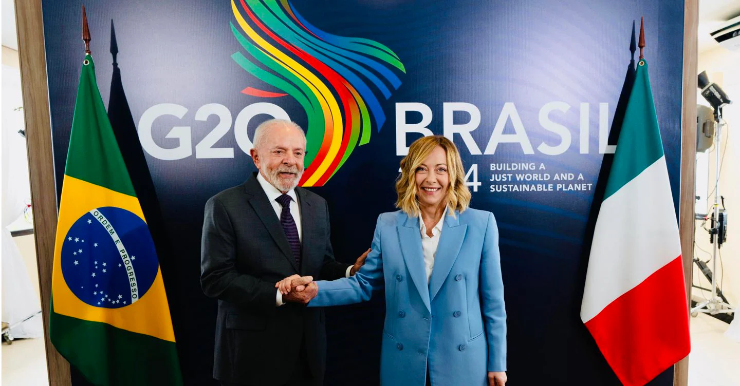 A sinistra Luiz Inacio Lula da Silva presidente del Brasile, a destra Giorgia Meloni, presidente del Consiglio Italia al G20 a Rio de Janeiro in Brasile