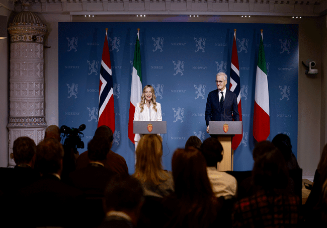 Visita ufficie del presidente del Consiglio Giorgia Meloni a Oslo in Norvegia a destra il primo ministro norvegese Jonas Gahr Støre.