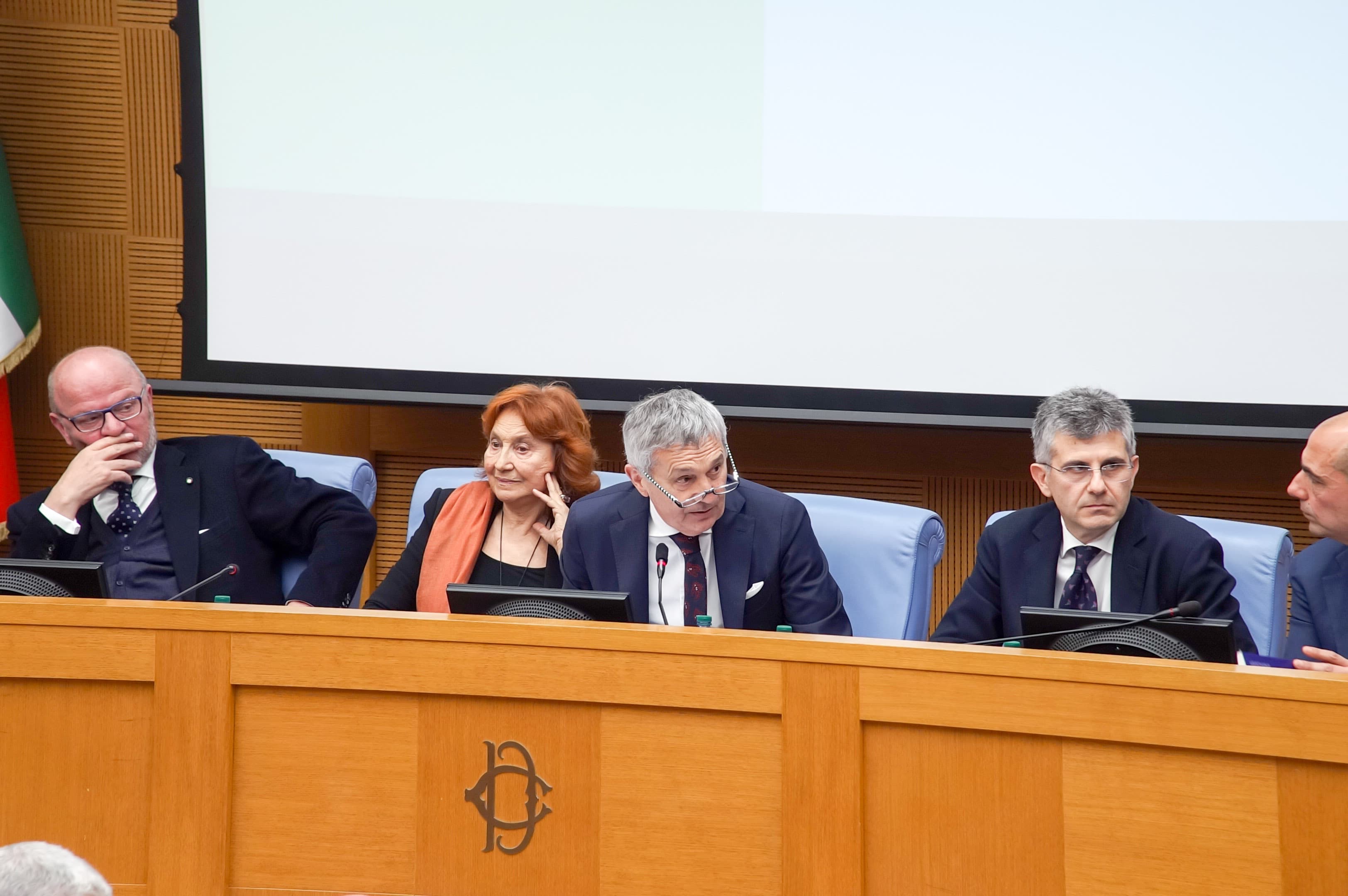 Paolo Bastianello di Confindustria, il Cavaliere del Lavoro Giannola Bulfoni Nonino, il vicepresidente di Federvini Piero Mastroberardino, il presidente di Filiera Italia Luigi Scordamaglia al convegno di presentazione della campagna nazionale "Io sto con il made in italy" del 5 marzo 2019