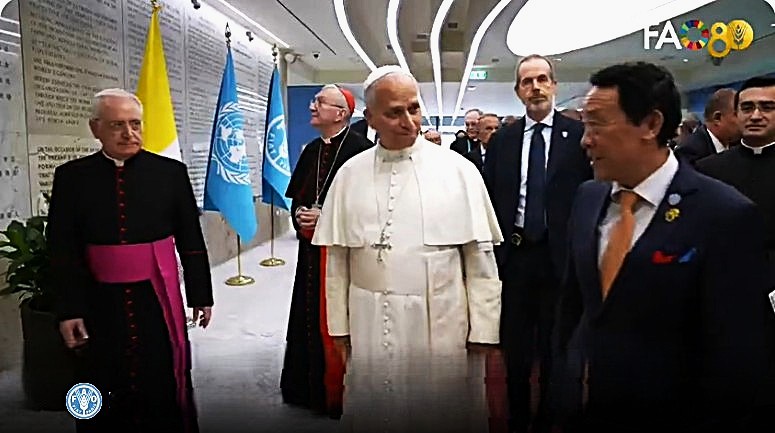 Papa Leone XIV, e il direttore generale della Fao, QU Dongyu, all'inaugurazione del Museo e Rete dell'Alimentazione e dell'Agricoltura (Fao MuNe) a Roma