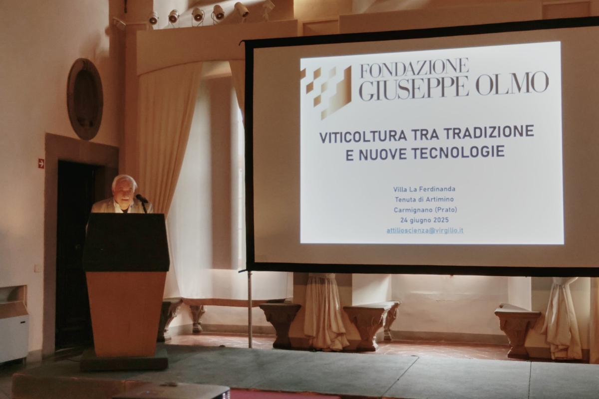 Attilio Scienza nel corso della sua relazione al convegno promosso dalla Fondazione Giuseppe Olmo (Artimino, 24 giugno 2025)