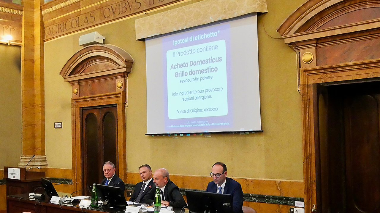 I ministri di Masaf, Mimit e Salute (rispettivamente Lollobrigida, Urso e Schillaci) alla firma dei decreti sugli alimenti a base di insetti