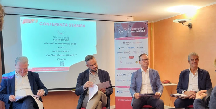 Da sin: Stefano Adami, Alex Vantini, Sergio Visini e Silvio Zavattini, intervenuti alla conferenza stampa di presentazione della nona edizione della Giornata della Suinicoltura