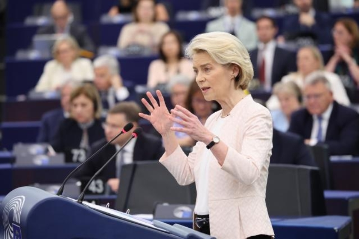 Ursula von der Leyen durante il suo discorso prima della sua rielezione a presidente della Commissione Europea (Strasburgo, 18 luglio 2024)