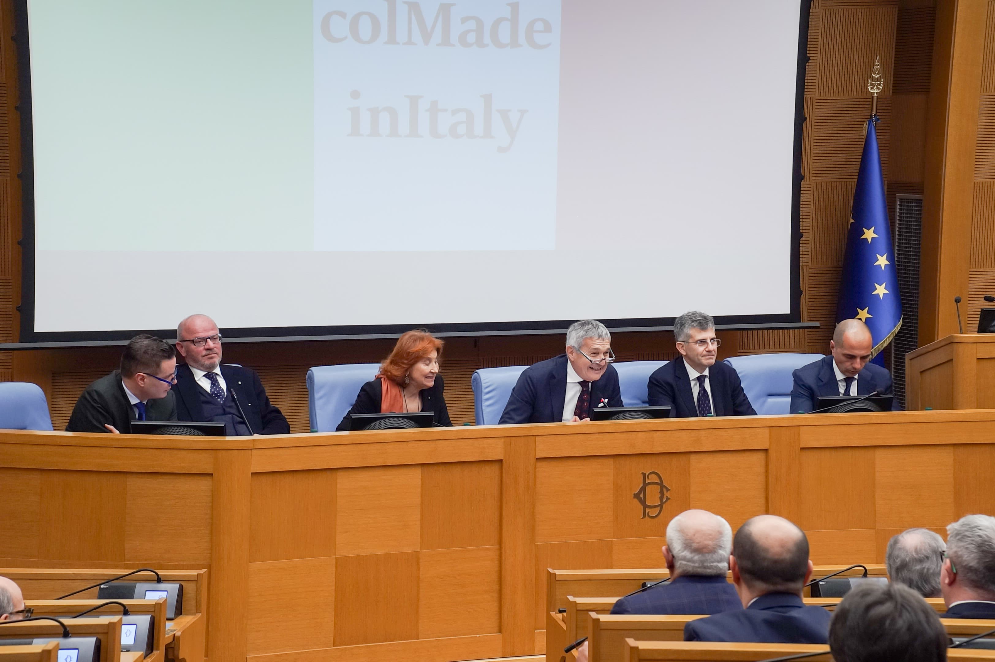 Paolo Bastianello di Confindustria, il Cavaliere del Lavoro Giannola Bulfoni Nonino, il vicepresidente di Federvini Piero Mastroberardino, il presidente di Filiera Italia Luigi Scordamaglia al convegno di presentazione della campagna nazionale "Io sto con il made in italy" del 5 marzo 2019
