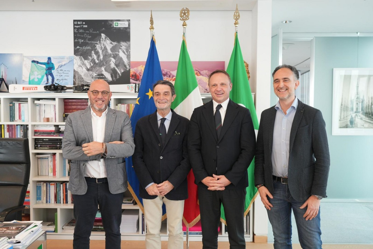 Da sinistra: Massimo Sertori, Attilio Fontana, Francesco Lollobrigida, Alessandro Beduschi (Regione Lombardia, Milano, 15 febbraio 2024)