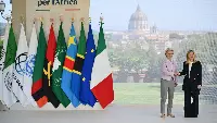 Villa Doria Pamphilj a Roma: Ursula von der Leyen, presidente Commissione Ue, incontra Giorgia Meloni, presidente del Consiglio Italia, per il Piano Mattei